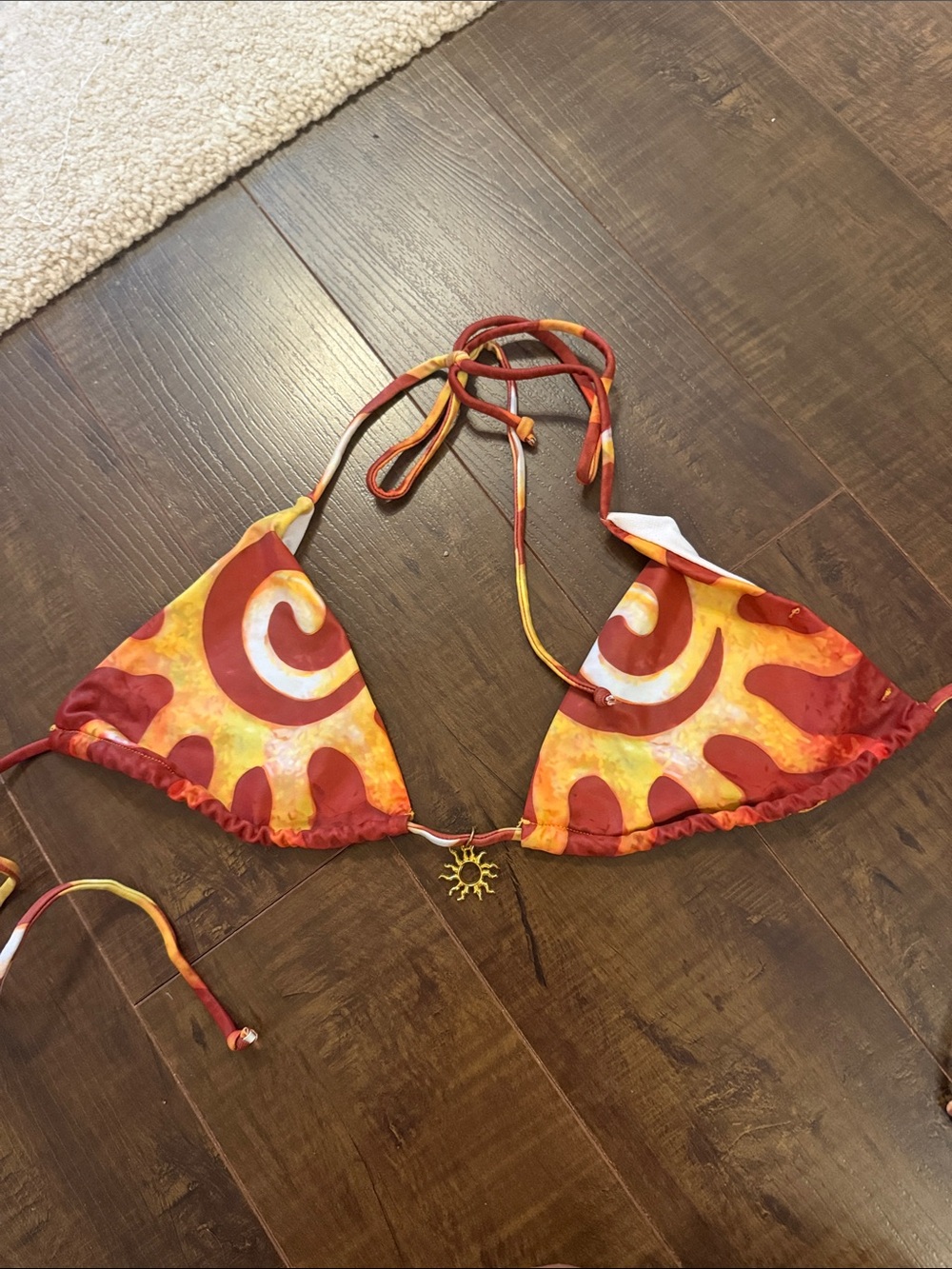 Triangle Tie-Back Bikini Top in Red & Yellow Sunburst
